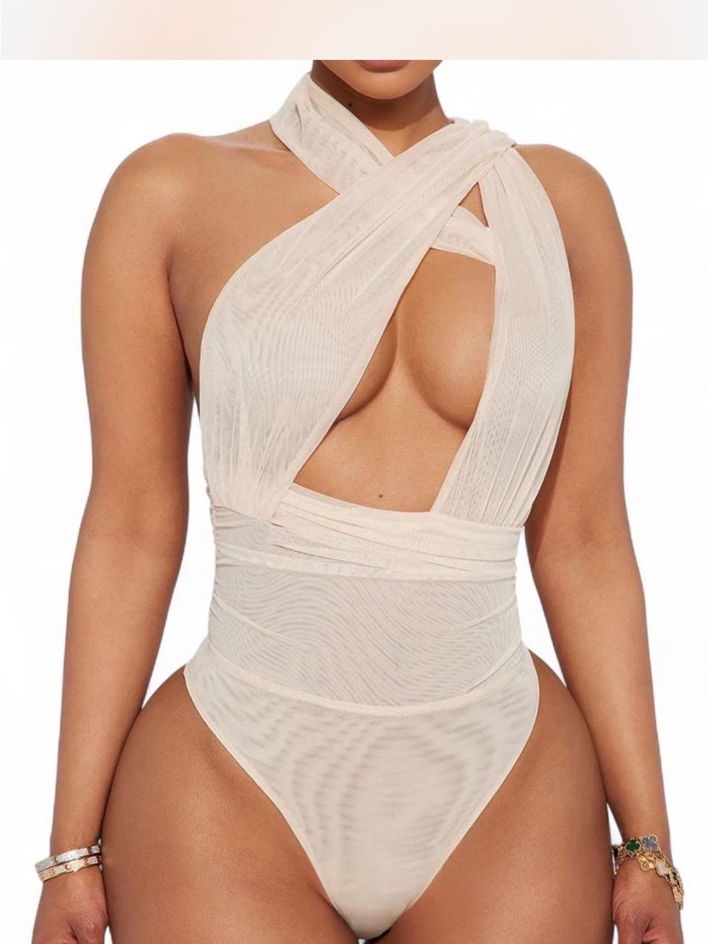 Fashion Nova Cream Rich Taste Mesh Bodysuit